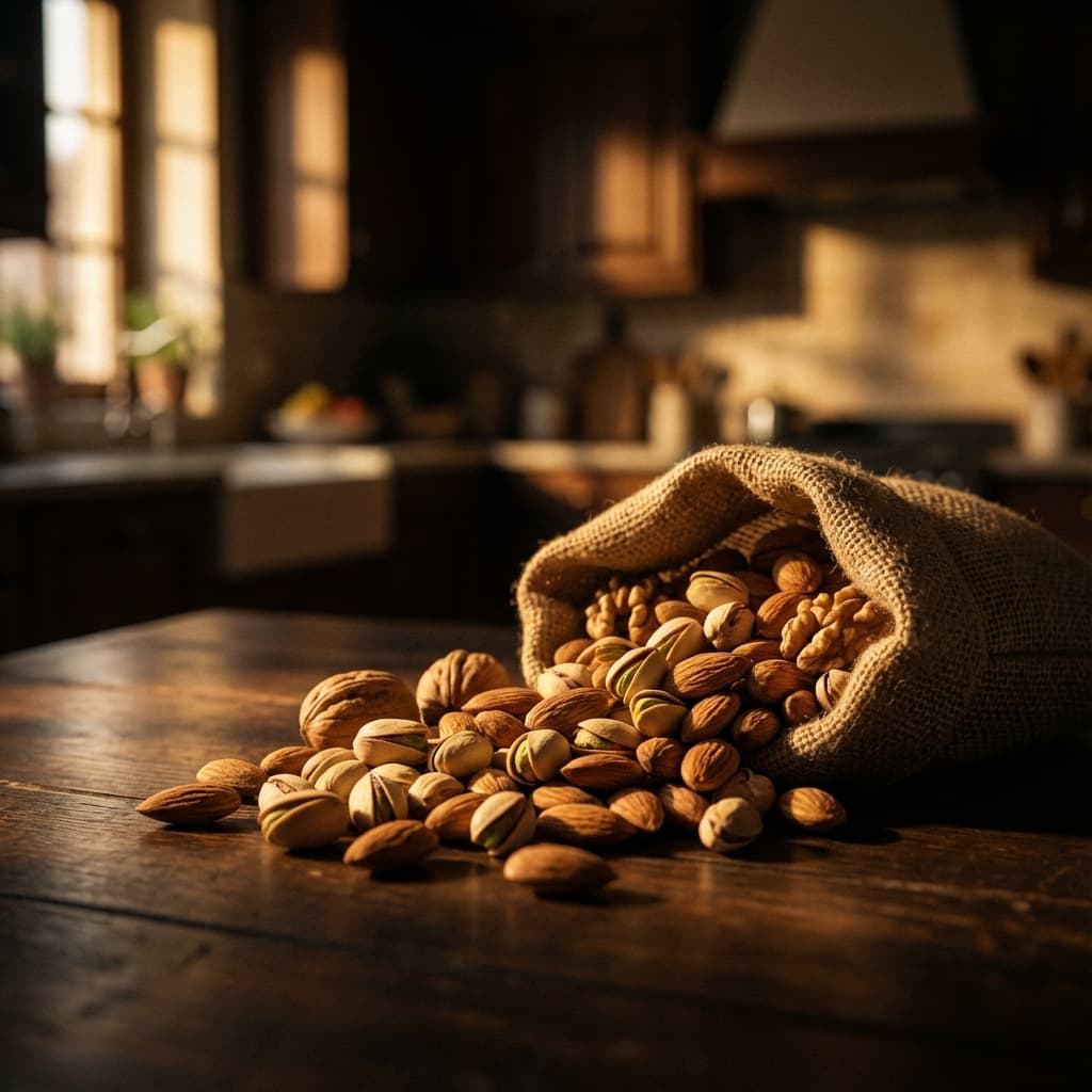 Premium dry fruits spilling from a sack
